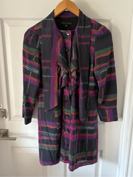 Shin Choi Dresses & Skirts - VTG Shin Choi Abstract Multi-Color Silk Ruffle Shirt Dress - Size M